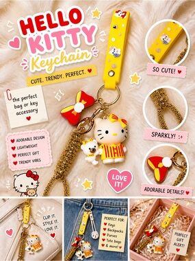 Hello Kitty Keychain Yellow Strap Kawaii Bag Charm Gift Gold Hardware Wristlet
